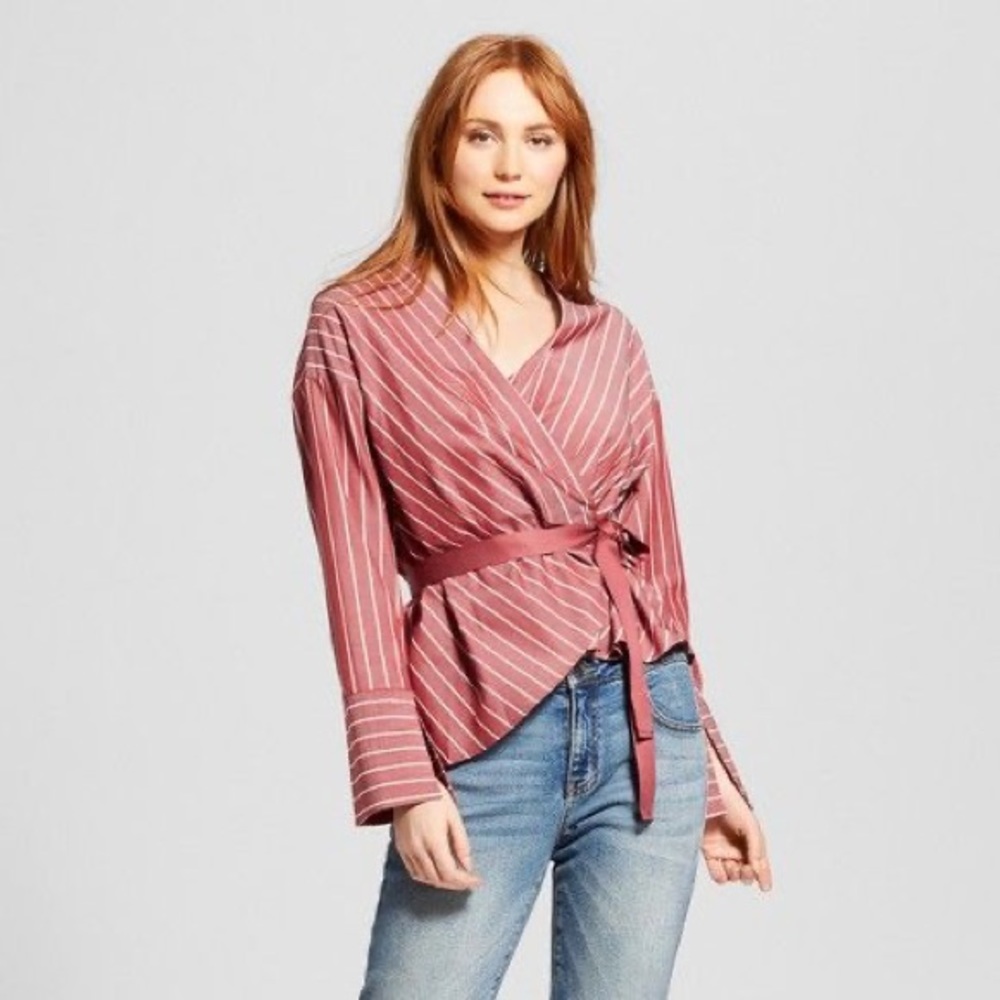 Who What Wear Striped Blouse Front Tie